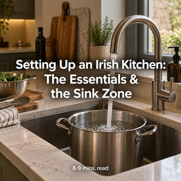 Sink zone with a pot standing in the bowl under the brushed steel kitchen tap.