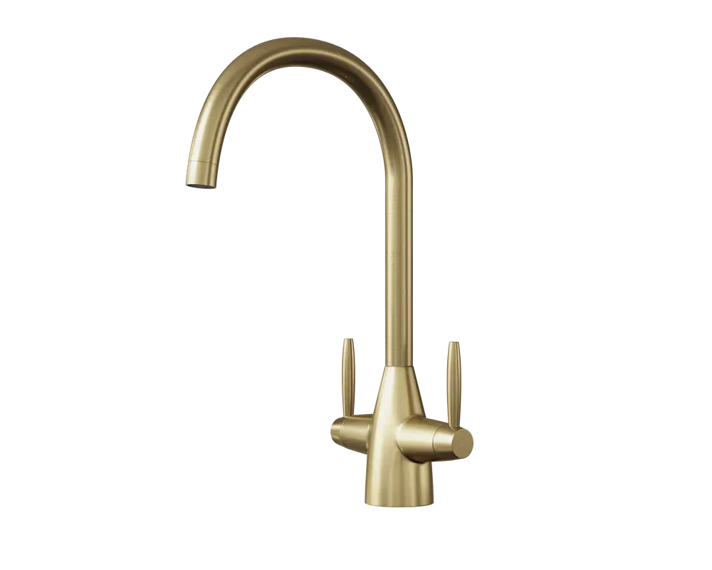 Ellsi Astrid dual lever kitchen tap in brushed brass with swan neck swivel spout