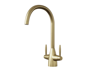 Ellsi Astrid dual lever kitchen tap in brushed brass with swan neck swivel spout