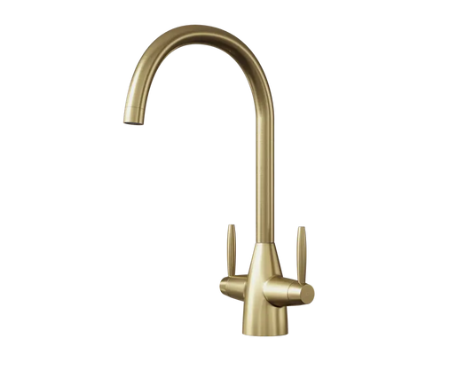 Ellsi Astrid dual lever kitchen tap in brushed brass with swan neck swivel spout