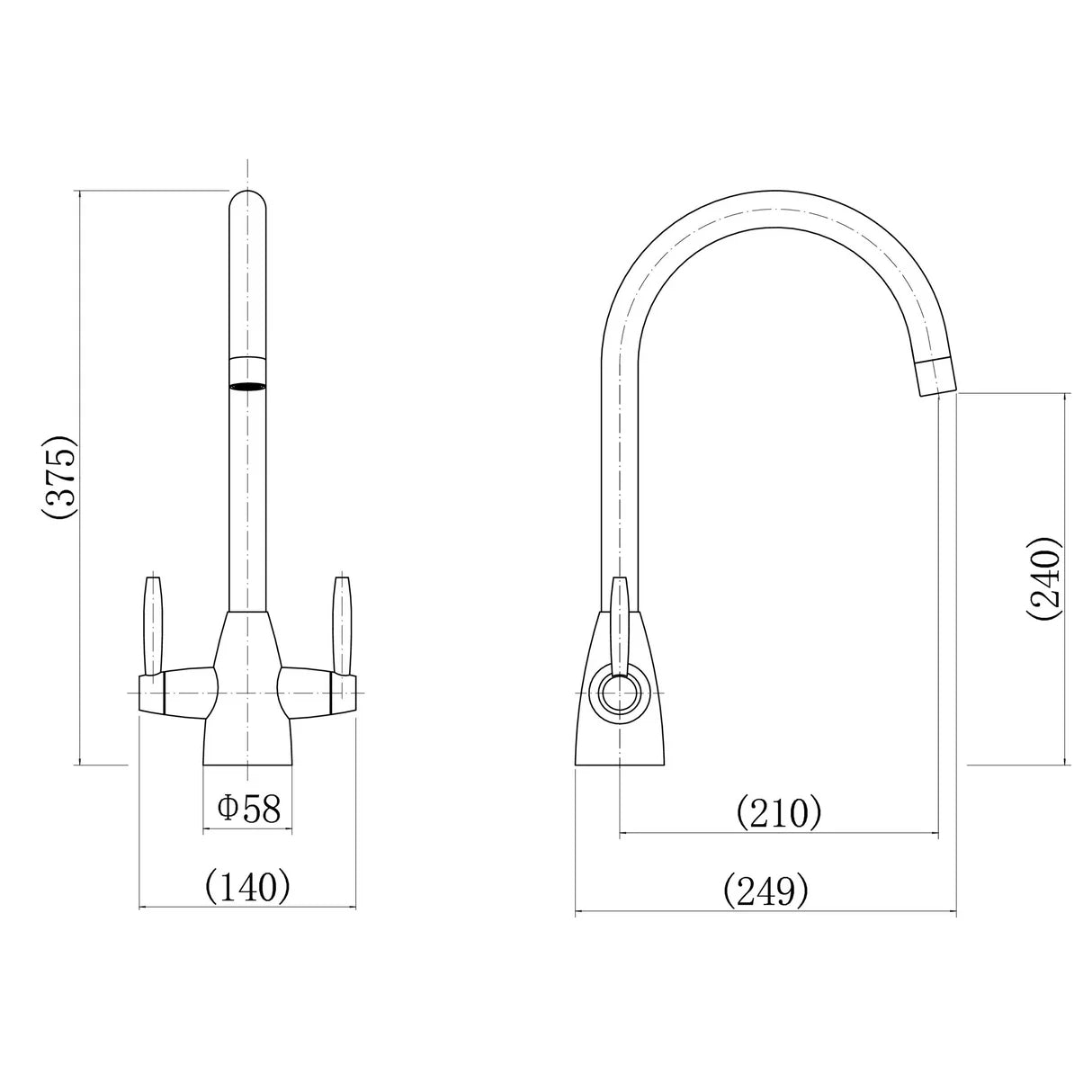 Ellsi Astrid dual lever kitchen tap dimensions - 375mm height, 210mm spout reach, 240mm to outlet
