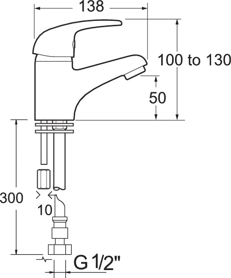 Technical drawing of Deva Adore basin mixer ADORE313C showing 130 mm height and 138 mm spout reach