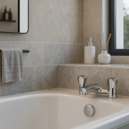 Deva Polished chrome bath filler mixer with dual controls – deck mounted at IrishBath.ie