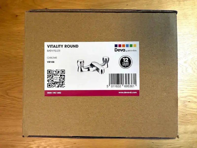 Deva Vitality chrome bath filler tap – packaged view in the box by IrishBath
