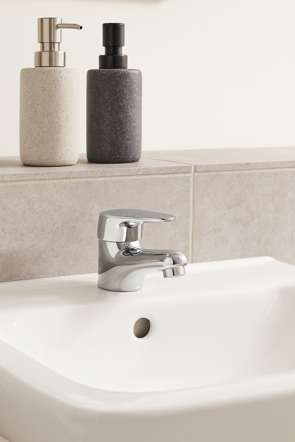 Deva Adore ADORE313C chrome basin mixer tap installed on modern ceramic washbasin
