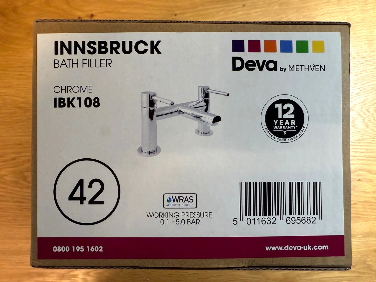 Deva Innsbruck bath filler mixer tap IBK108 in branded retail packaging box by IrishBath.ie