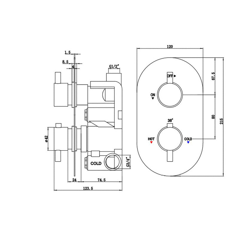 Measures of Chrome concealed dual control shower valve by Deva at IrishBath.ie