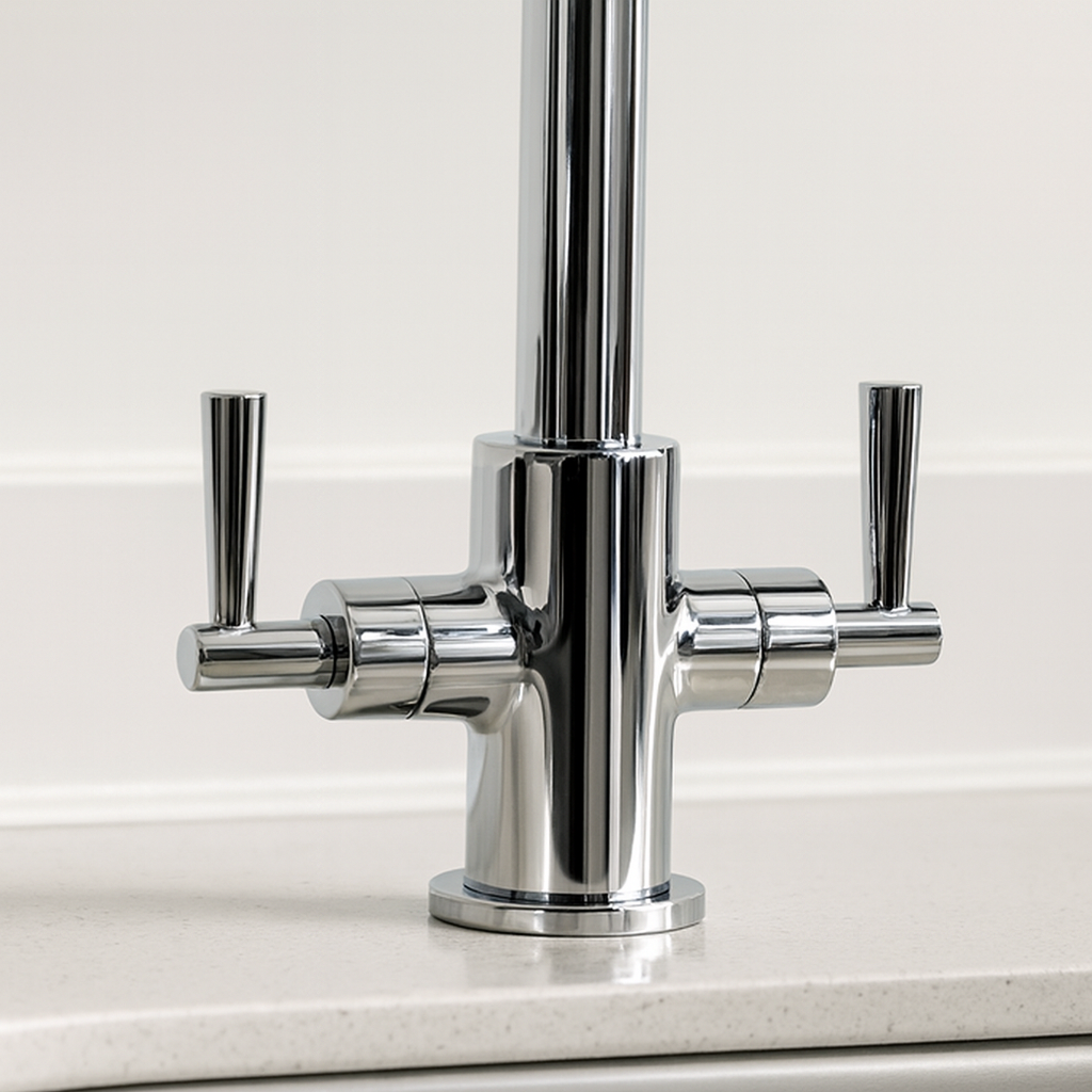 Twin lever ¼-turn ceramic valves on Deva Newton chrome kitchen tap at IrishBath.ie