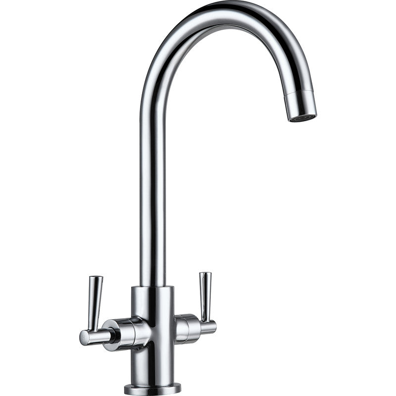 Deva Newton NTN104 chrome swan neck kitchen mixer tap with twin levers – front view
