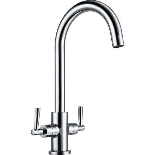 Deva Newton NTN104 chrome swan neck kitchen mixer tap with twin levers – front view