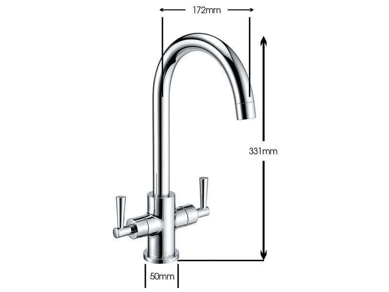 Technical drawing of Deva Newton kitchen mixer tap with 331 mm height and 172 mm spout reach