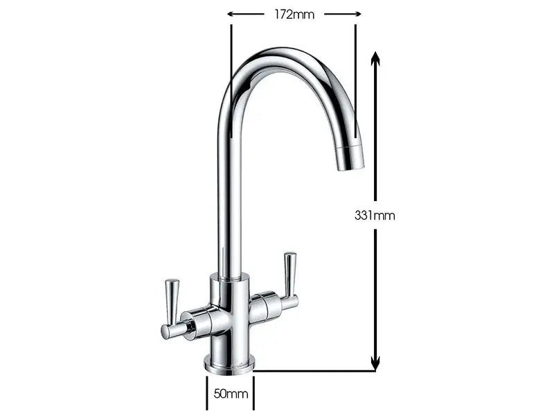 Technical drawing of Deva Newton kitchen mixer tap with 331 mm height and 172 mm spout reach