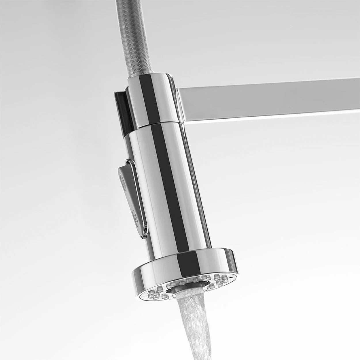 Pull-out spray rinser nozzle on Deva Spring chrome kitchen mixer tap