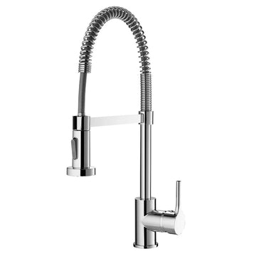 Deva Spring SPR 104 chrome pull-out kitchen mixer tap with spring neck and spray hose – front view