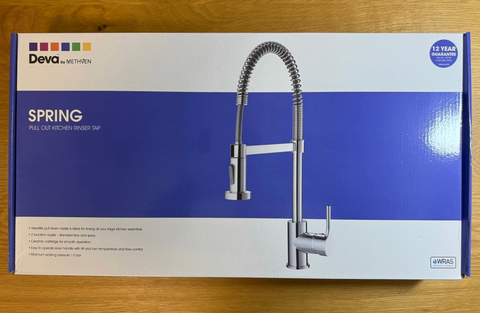 Deva Spring SPR104 kitchen mixer tap in original retail packaging by IrishBath.ie