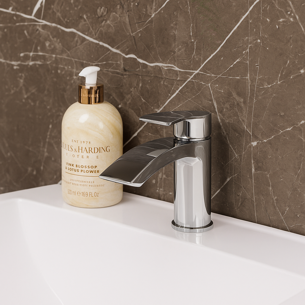 Chrome Ellsi (Etal) Spear mono waterfall basin mixer tap on basin in IrishBath shop