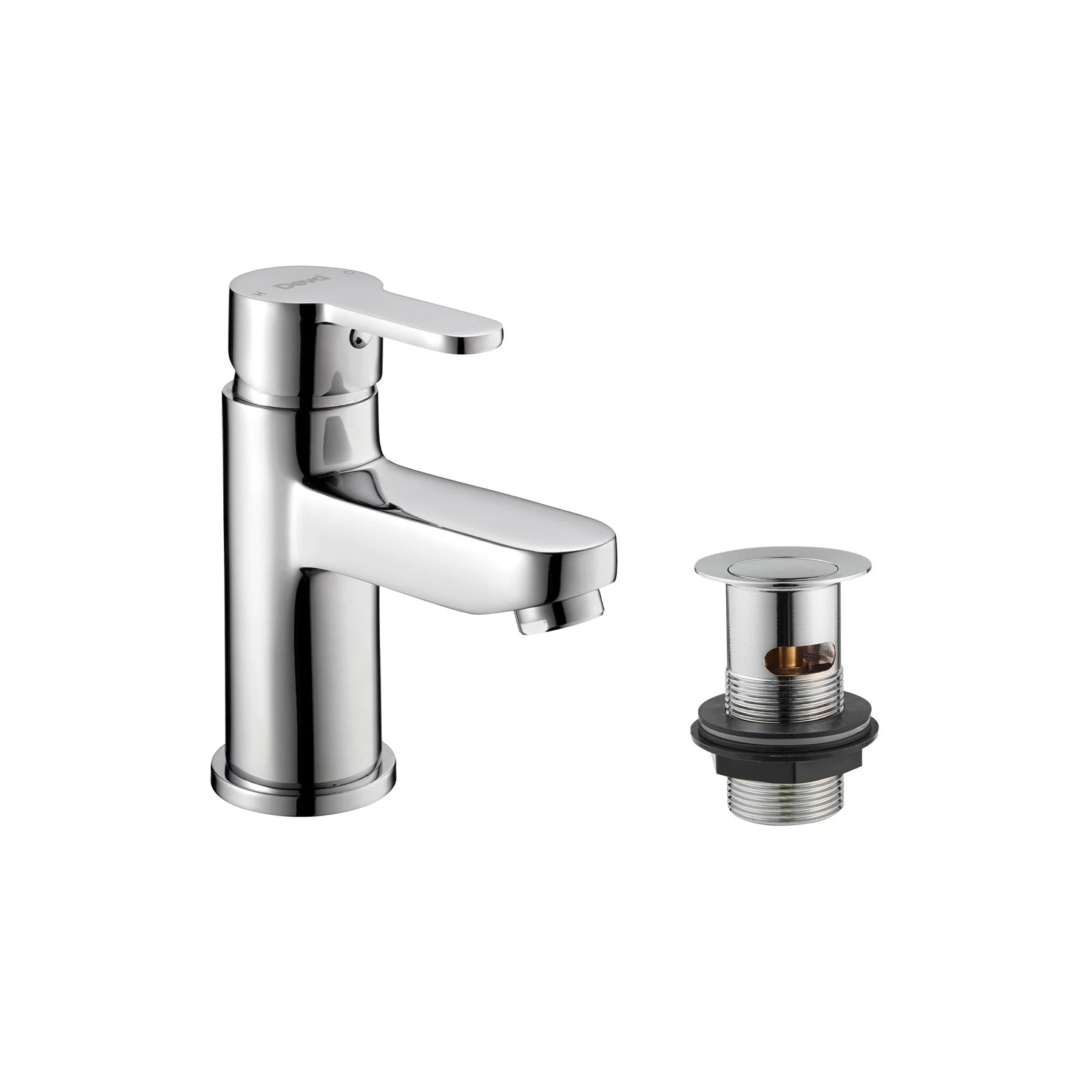 Deva Ethos chrome mono basin mixer tap with press top clickable waste – front view on white background by IrishBath.ie