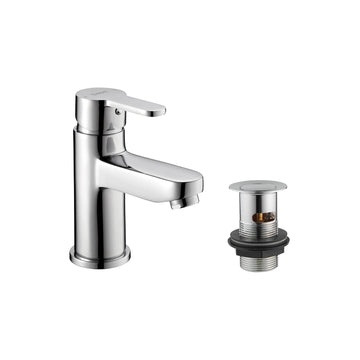 Deva Ethos chrome mono basin mixer tap with press top clickable waste – front view on white background by IrishBath.ie