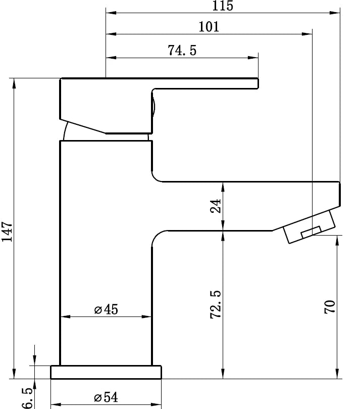Technical drawing of Deva Ethos matt black basin mixer tap with Dimensions at IrishBath.ie