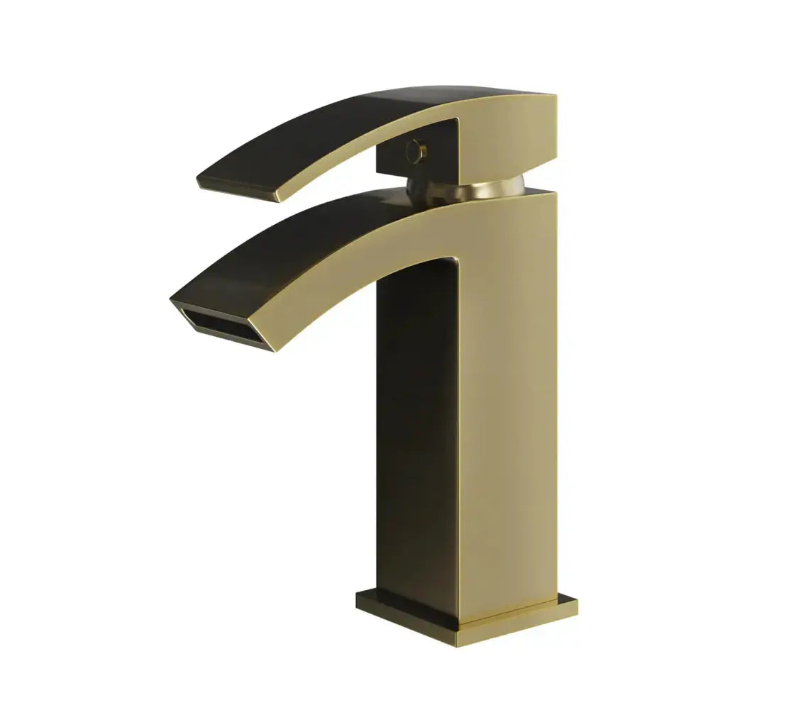 Ellsi (etal) Kinlin modern waterfall brushed brass mono basin mixer tap on a white background