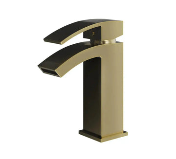 Ellsi (etal) Kinlin modern waterfall brushed brass mono basin mixer tap on a white background