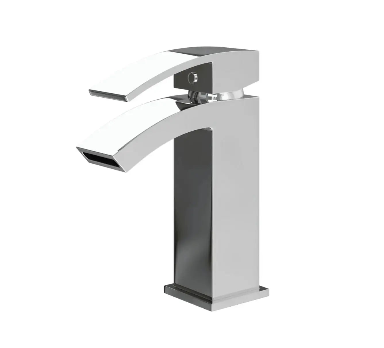 Kinlin square waterfall chrome bathroom sink tap on a white background