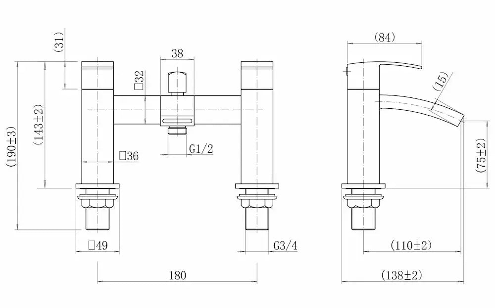 Kinlin waterfall bath shower mixer tap dimensions and technical drawing 