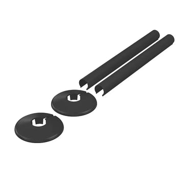 Enzo black radiator pipe covers 15mm with collars set on white background