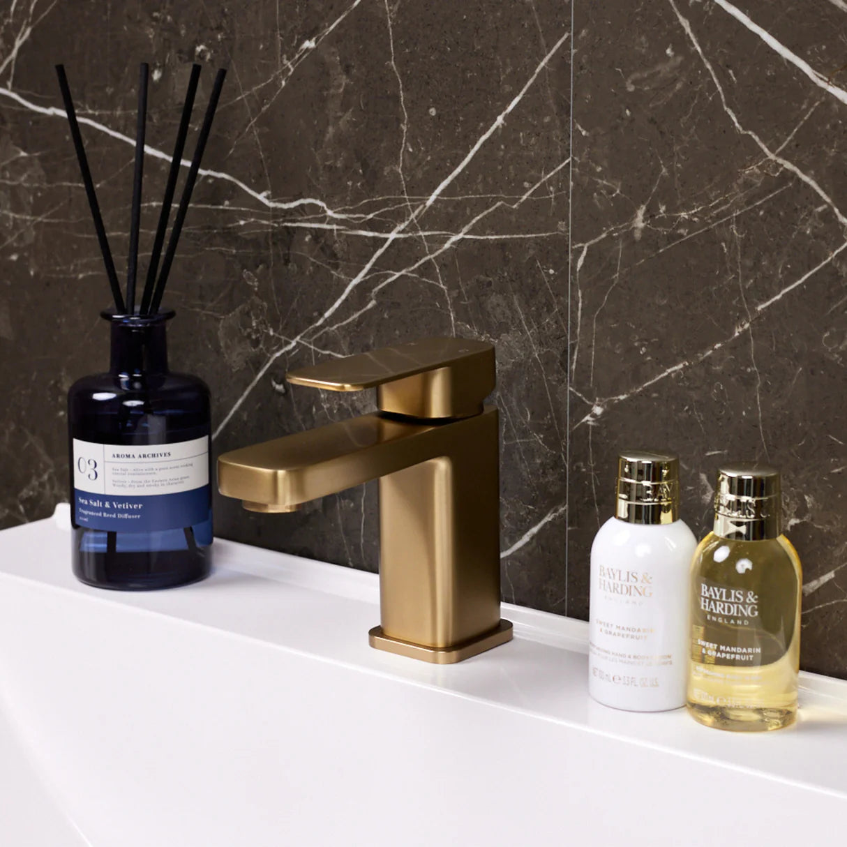 Bathroom sink with brushed brass ellsi (ETAL) basin tap at IRISHBATH.IE