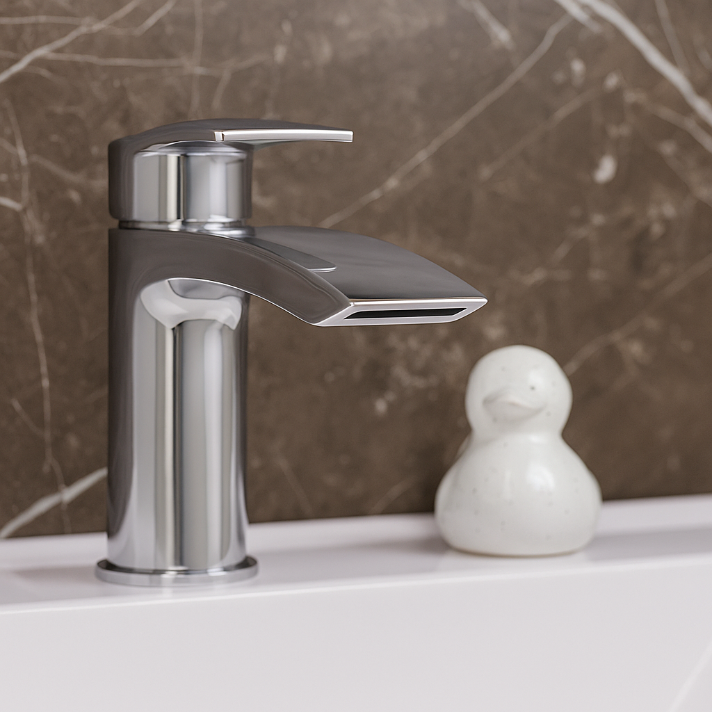 Water cascading from chrome Ellsi Spear waterfall basin mixer