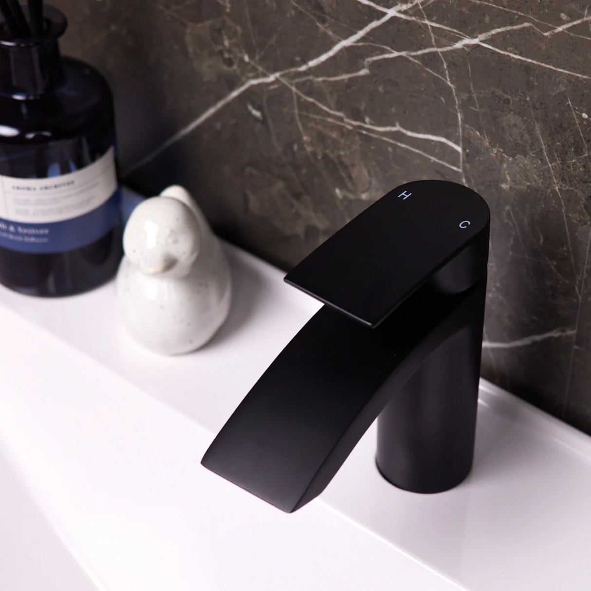 Ellsi ETAL Spear matt black tap lever and open waterfall spout