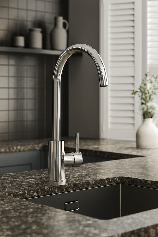 Modern Ellsi ETAL Chrome Tivoli single lever kitchen mixer tap on sink