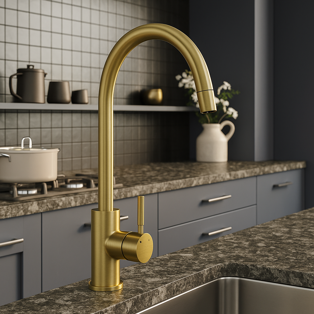 Ellsi Etal Brushed brass kitchen tap with swivel spout and single lever handle