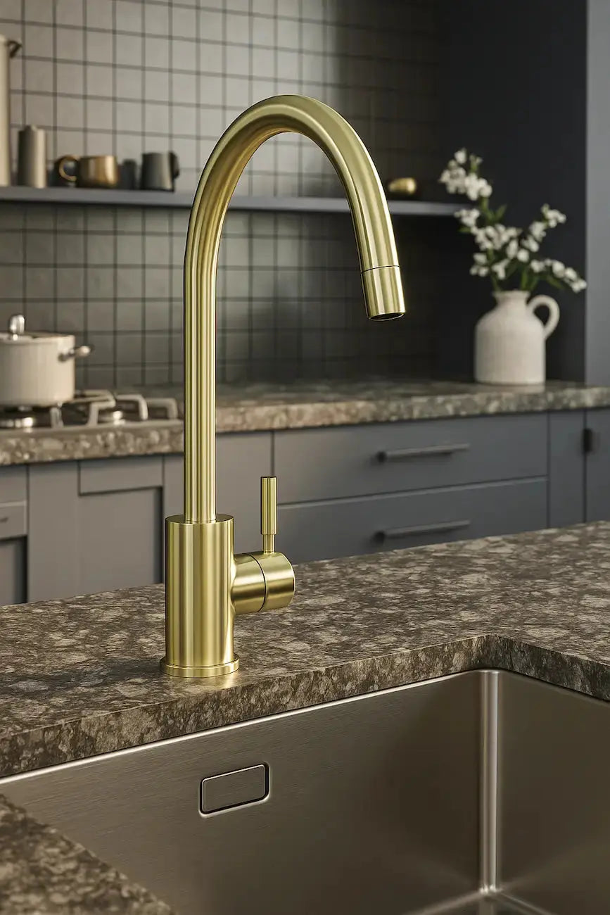 Brushed brass Tivoli single lever kitchen mixer tap on sink at Irishbath kitchen store