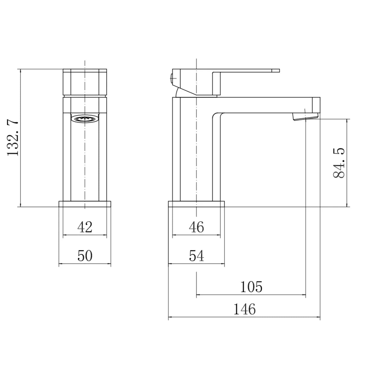 Technical drawing of a ELLSI ETAL basin mixer tap with dimensions labeled