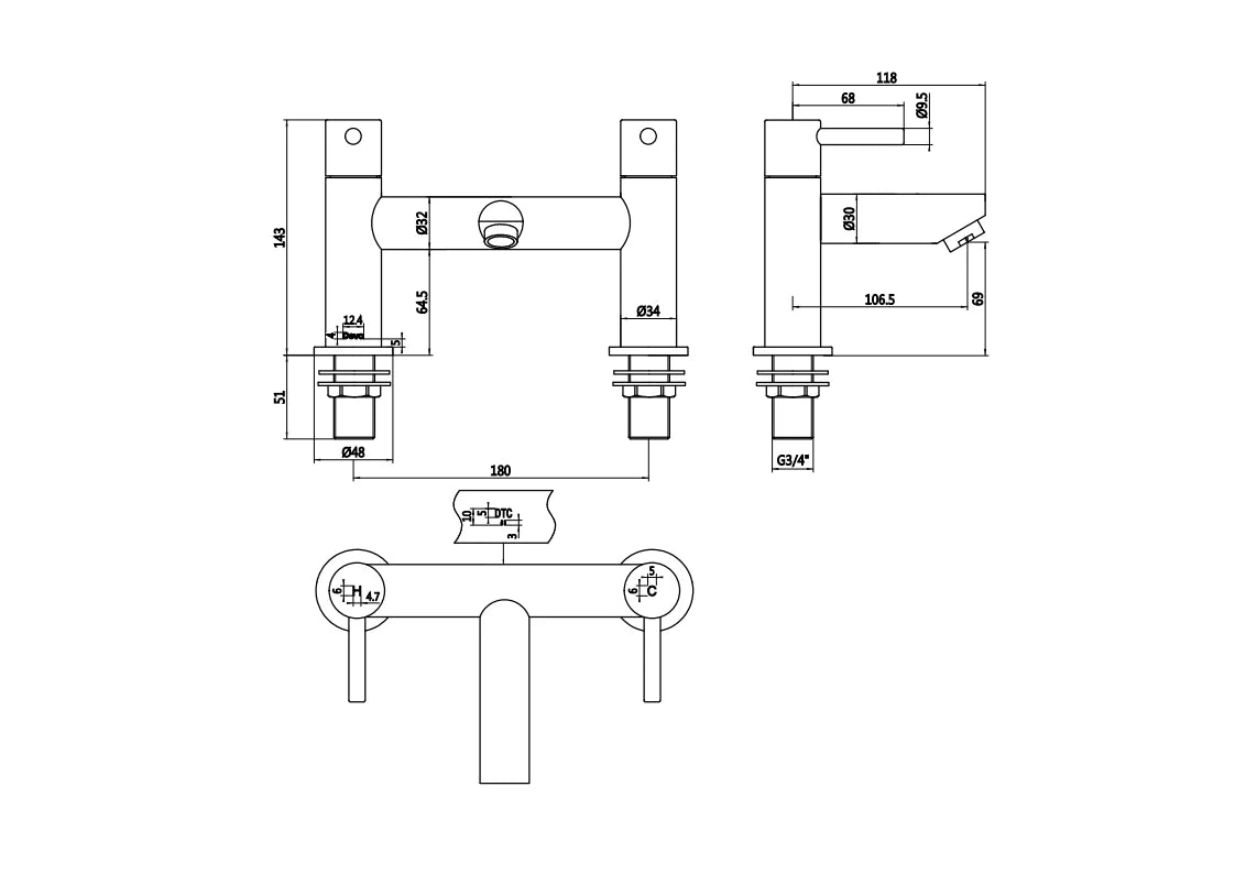 Technical drawing of Deva Innsbruck bath filler tap with dimensions and 143 mm height