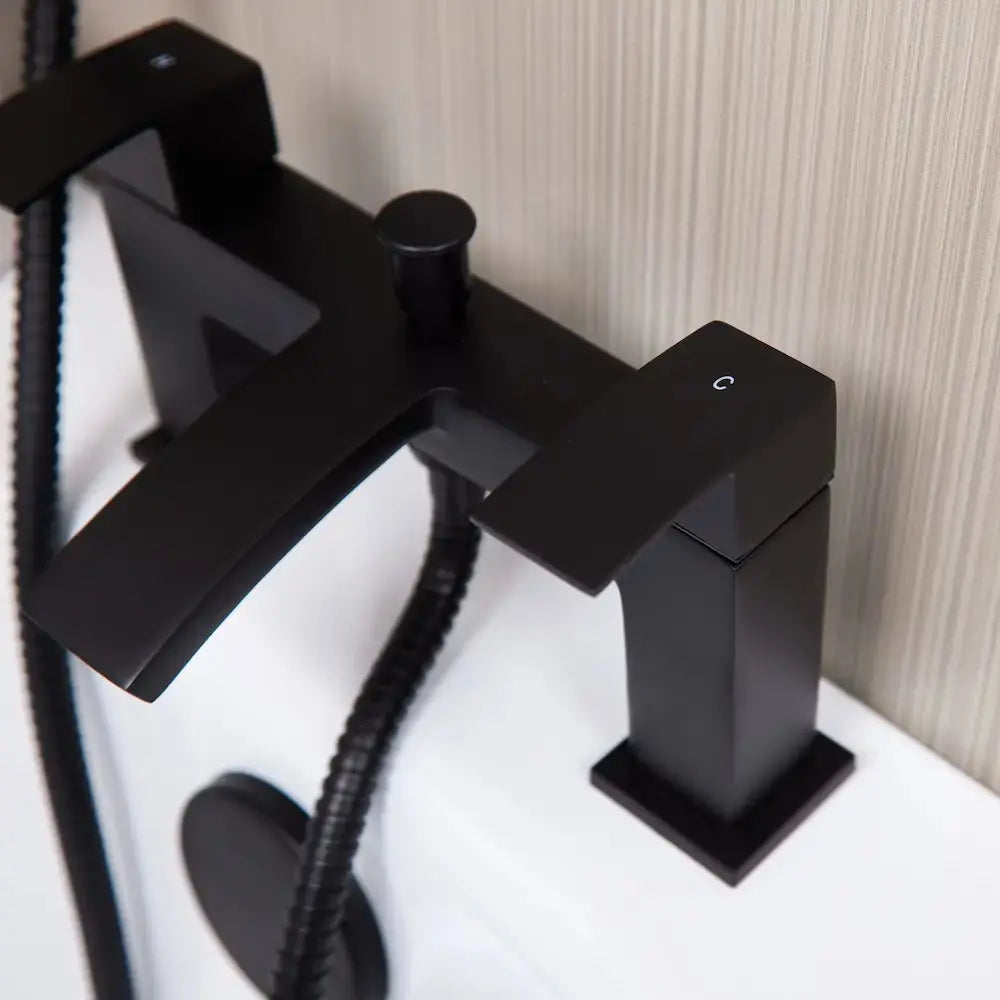 Dual control square bath mixer tap black handles close up by Ellsi (Etal)