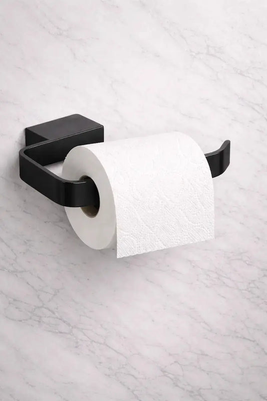 Kartell K-Vit Matt Black toilet paper square roll holder on a marble wall (ACC312) at IrishBath