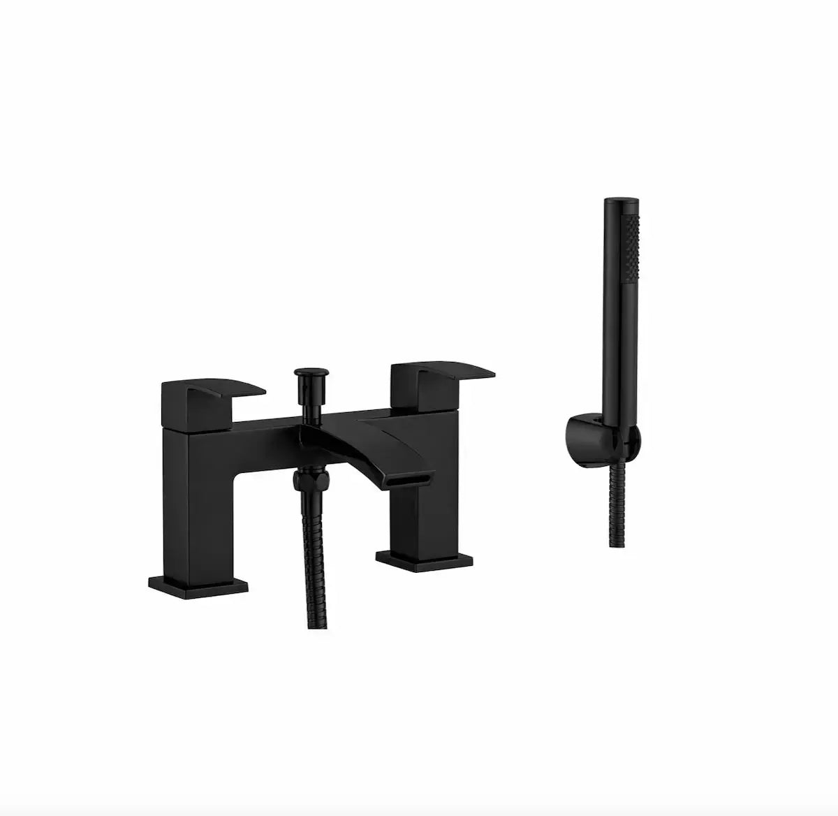 Matt black waterfall bath shower mixer tap 
Kinlin with dual control on a white background