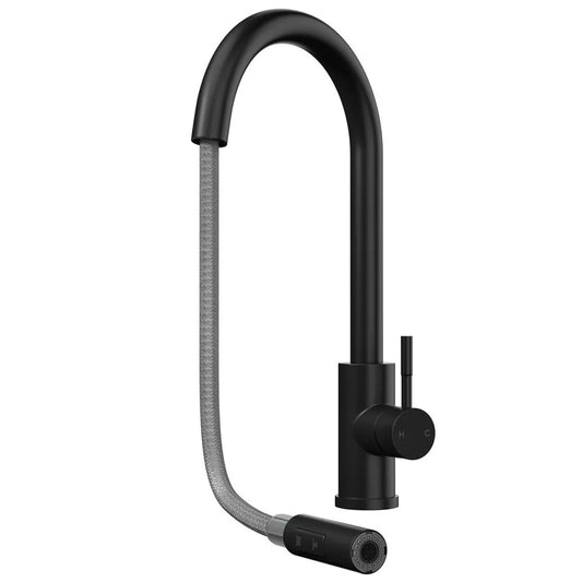 Modern matt black pull-out kitchen mixer tap with dual spray swivel spout