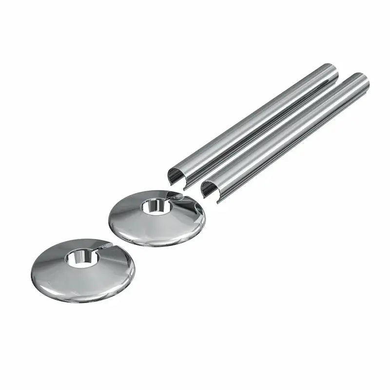 Set of Enzo Chrome radiator pipe covers 15mm with collars on white background