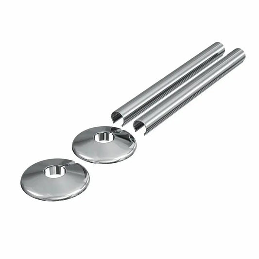 Set of Enzo Chrome radiator pipe covers 15mm with collars on white background
