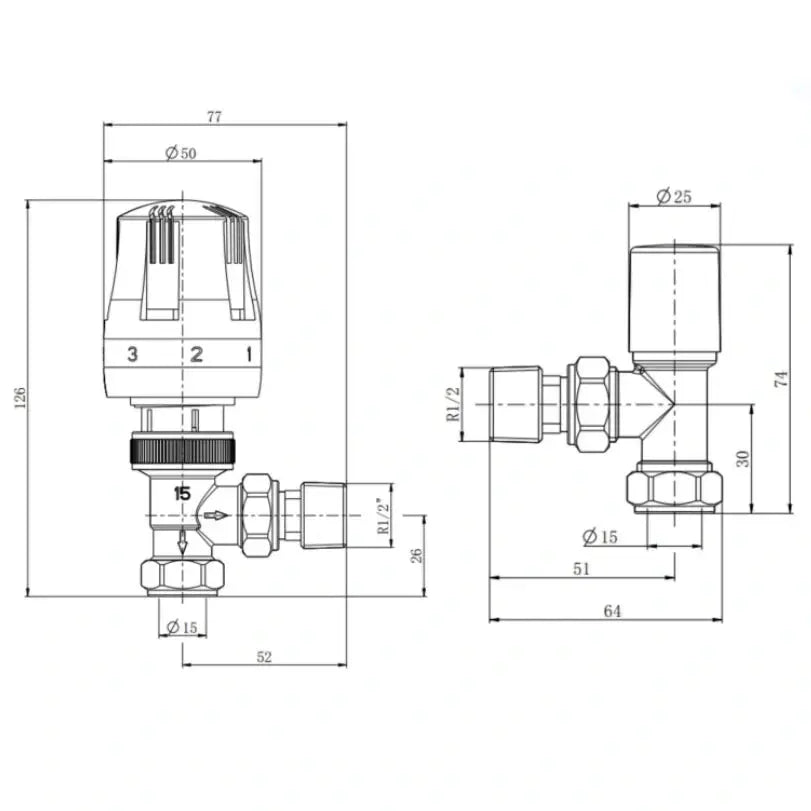 Black TRV radiator valve 15mm x 1/2" dimensions and technical view