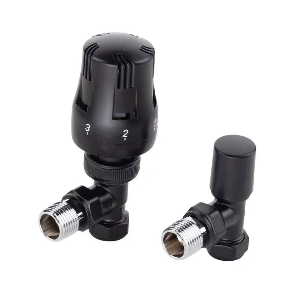 Black thermp radiator angled valve 15mm with temperature control knob on a white background