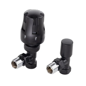 Black thermp radiator angled valve 15mm with temperature control knob on a white background