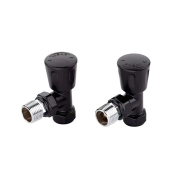 Two black plumbing black angled radiator valve 15mm with silver connectors on a white background
