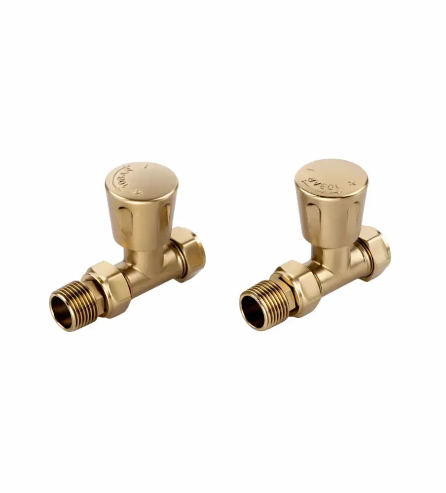Brushed brass manual radiator valve 15mm straight radiator valve pair on a white background at IrishBath