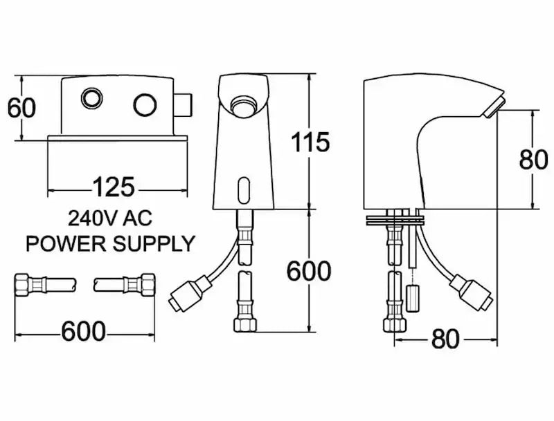 Sensor1/D mono basin sensor tap technical drawing by Deva