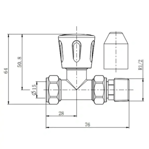 Technical drawing of a brushed brass straight towel rail valve 15mm x R1/2 