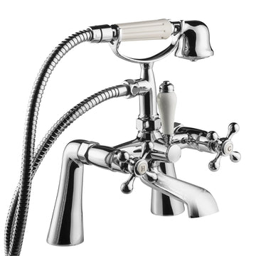 Chrome Victorian Tudor bath shower mixer tap with round brass body filler by Deva at IrishBath store